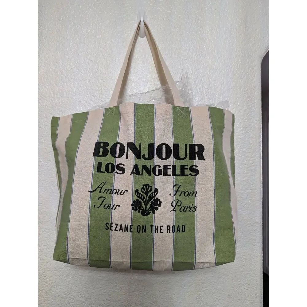 Sezane on the road tote bag cream and green color
